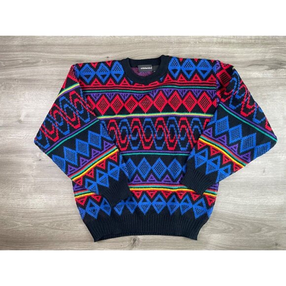 VTG 90s Edelweiss Ski Sweater Pullover Multicolor Abstract Geometric Knit Crew L - Picture 2 of 11